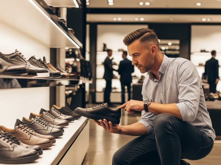 A stylish young man carefully examines a black leather shoe on a display shelf in a modern, well-lit retail store, considering his purchase. Shelves full of diverse men's footwear.の素材