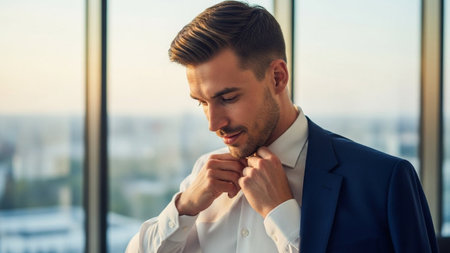 A young professional man in a stylish suit jacket adjusts his white shirt collar by an office window, signifying readiness, attention to detail, and ambition.の素材
