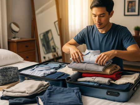 A focused young man efficiently organizes his clothes into a suitcase on a bed, preparing for a business trip or leisure vacation. His careful packing ensures everything fits perfectly.の素材