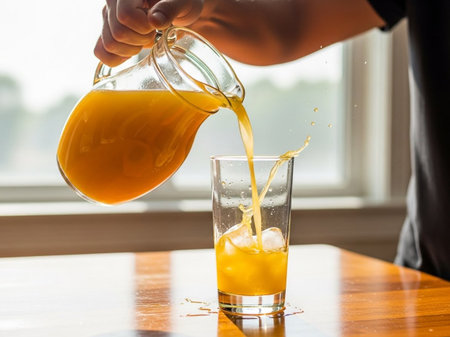 Vibrant orange juice is poured from a pitcher into a glass with ice on a wooden table. The splash highlights freshness and refreshment, ideal for a healthy drink.の素材