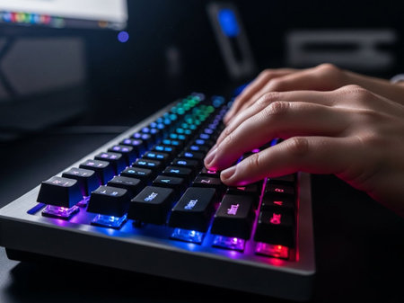 Close-up of human hands typing on a modern, brightly illuminated RGB mechanical keyboard, symbolizing digital work, gaming, and tech. The vibrant lights enhance the user experience.の素材