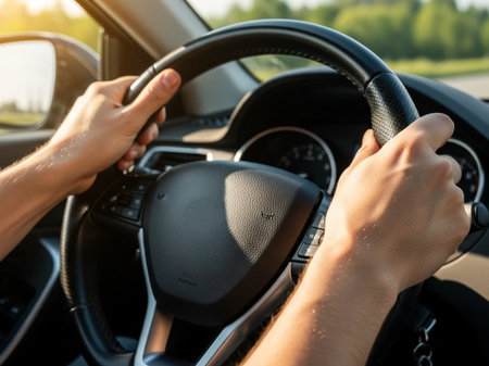 A close-up of a person's hands firmly gripping a car's steering wheel during a sunny drive. Capturing control, travel, and the journey ahead on the road. Ideal for automotive content.の素材