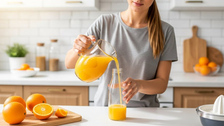 A woman in a bright modern kitchen pouring freshly squeezed orange juice from a glass pitcher into a clear bottle on a white countertop. Promoting healthy lifestyle and natural beverages preparation at home.の素材