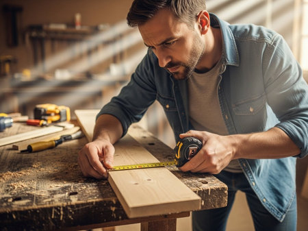 Focused male craftsman in a denim shirt meticulously measures a wooden plank on a workbench in a sunlit carpentry workshop, highlighting precision work.の素材