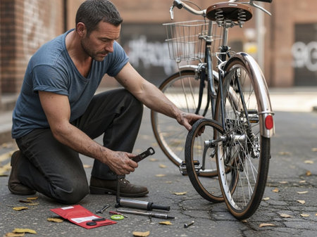 A focused man kneels on a city street, diligently repairing a flat tire on his classic bicycle. Tools are laid out, showing an active repair scene of urban cycling and self-reliance.の素材
