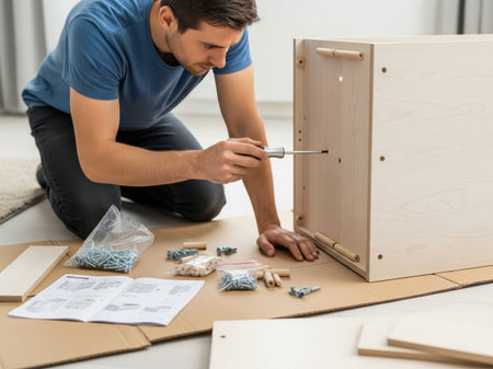 A focused young man is carefully assembling flat-pack wooden furniture at home. He uses a screwdriver, following the instructions to build a new cabinet, showcasing a DIY project.の素材