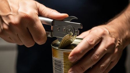 A close-up captures human hands using a modern stainless steel can opener to effortlessly open a sealed tin food can. This common kitchen task highlights convenience and domestic life at home.の素材