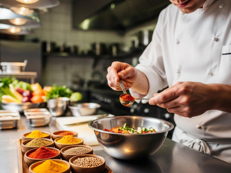 A professional chef in uniform carefully adds vibrant red spice to fresh, chopped vegetables. This scene highlights culinary precision and artistry in a commercial kitchen setting.の素材