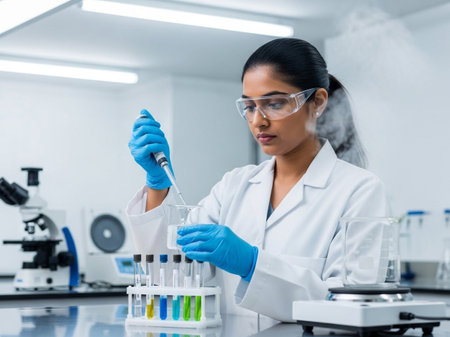 Indian female scientist, lab coat, safety glasses, uses pipette with test tubes and beakers in modern lab. Symbolizes scientific research, discovery, and medical innovation.の素材