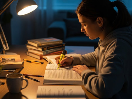 A focused young student highlights a textbook under a desk lamp at night, deeply immersed in studies. This depicts dedication, learning, and concentration in an academic setting.の素材