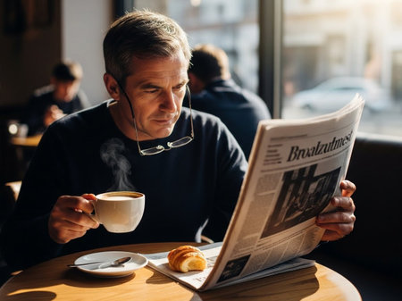 A mature man seated in a sunny cafe, enjoying a leisurely breakfast. He is engrossed in reading the daily newspaper while sipping his hot coffee, a croissant nearby.の素材