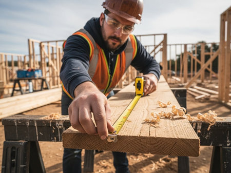 A construction worker wearing safety gear meticulously measures a wooden plank with a tape measure at a building site. This image shows precision and diligence in home construction.の素材