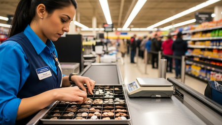 A dedicated supermarket cashier meticulously counts coins in the cash drawer at a busy checkout lane, ensuring efficient customer service and accurate transactions.の素材
