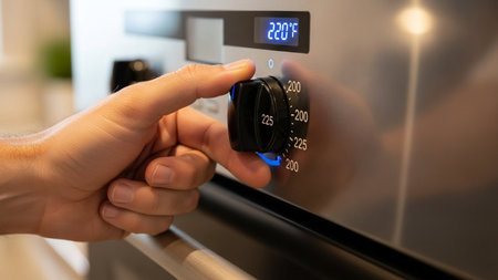 Close-up of a hand adjusting a modern kitchen oven's temperature control knob to 225 degrees. Digital display reads 220Â°F. Ideal for cooking or baking home.の素材