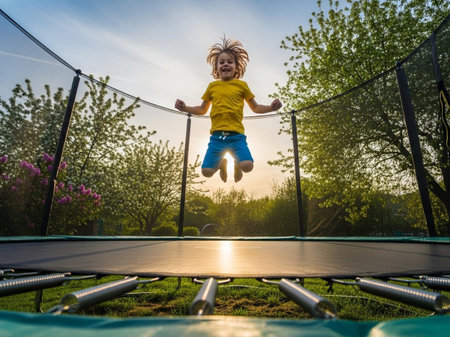 A cheerful young boy with a big smile jumps high on a backyard trampoline during golden hour sunset. Capturing the pure joy and energy of childhood fun.の素材