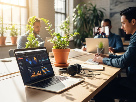 Diverse team of professionals working on laptops in a bright, modern office. The focus is on data analysis dashboards, collaboration, and remote work integration.の素材