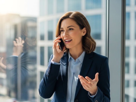 A confident businesswoman engaging in a phone conversation within a contemporary office setting, smiling and gesturing. Ideal for themes of communication, success, and leadership.の素材