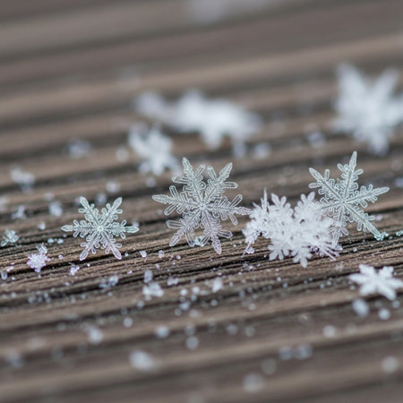 A captivating macro close-up reveals the unique, delicate crystalline structures of natural snowflakes, resting gently on a weathered wooden surface. Perfect for winter themes.の素材