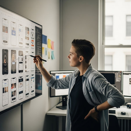 A dedicated professional meticulously reviews and develops mobile application user interface designs on a large digital display, ensuring optimal user experience.の素材