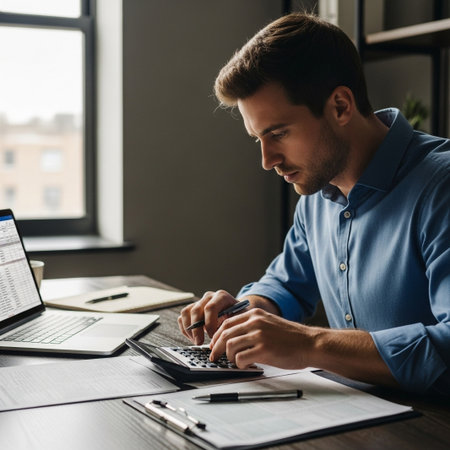 A focused young man is diligently working at his desk, performing financial calculations with a calculator while reviewing data on his laptop. He represents dedication and financial management.の素材