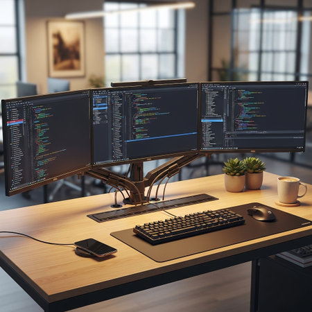 Contemporary office workspace with a triple monitor setup displaying programming code on a wooden desk. Includes keyboard, mouse, smartphone, coffee, plants. Professional coding environment.の素材