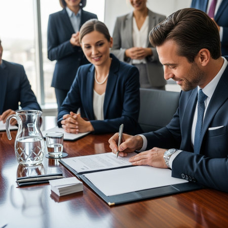 A professional businessman signs a crucial legal document at a meeting table. Colleagues watch, symbolizing agreement, partnership, important decisions, and success.の素材