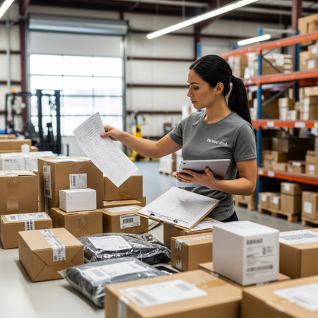 A focused female worker processes packages, checking orders and managing inventory using a digital tablet and documents in a bustling modern warehouse environment.の素材