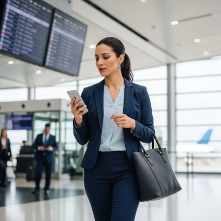 A professional businesswoman uses her smartphone while walking through a bright, modern airport terminal, managing her schedule efficiently during business travel journey.の素材