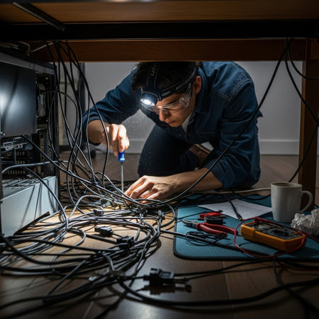 Dedicated technician meticulously untangling and repairing a complex web of computer cables under a desk, ensuring proper connections and system functionality.の素材