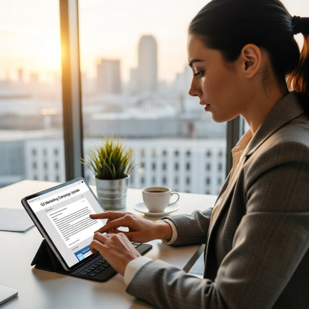 A focused young professional woman reviews a Q3 marketing campaign update on her digital tablet. She works in a modern office, overlooking a city skyline. Coffee is on the desk.の素材