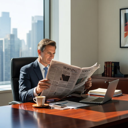 A professional businessman in a suit reads the morning newspaper at his executive desk, with a vibrant city skyline view from his high-rise office. Focus on news and finance.の素材