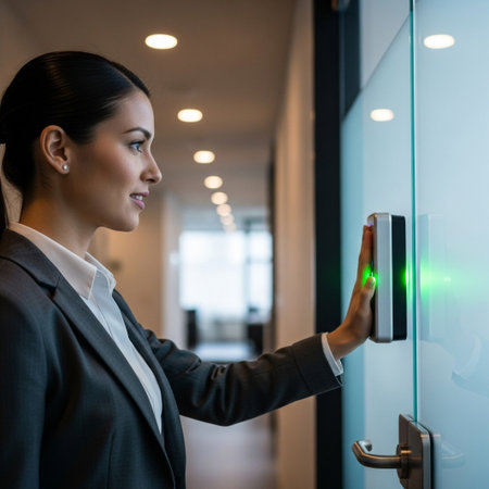 A businesswoman uses a biometric access control system on a glass office door. This image shows modern security and controlled entry in a corporate setting, emphasizing technology and professionalism.の素材
