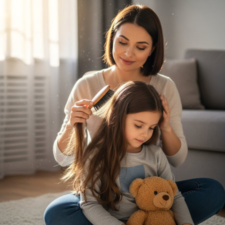 A loving mother tenderly brushes her adorable little daughter's long brown hair while sitting on the living room floor, showing family care and intimate bonding.の素材