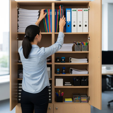 A dedicated businesswoman efficiently organizes various colorful binders and documents in an office cabinet, demonstrating effective workplace management and orderliness.の素材