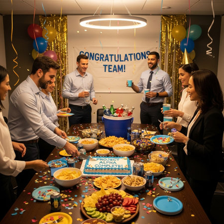 Diverse business team gathered in an office to celebrate the successful completion of a project. They are enjoying cake, snacks, and drinks, showing joy and teamwork together.の素材