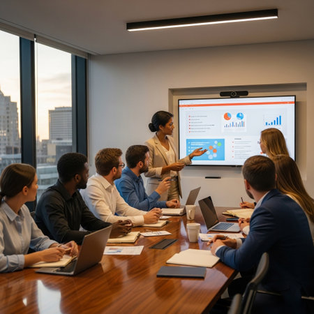A businesswoman presents data to a diverse team in a modern meeting room, fostering collaboration and strategic planning. Colleagues engage in focused discussion.の素材