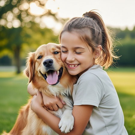 A joyful young girl with closed eyes smiles happily, embracing her beloved golden retriever dog in a sun-drenched park. This heartwarming scene captures their pure, loving bond.の素材