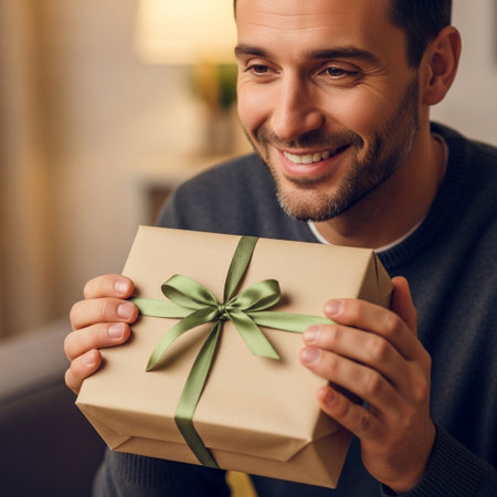 A handsome bearded man wearing a sweater looks down with a wide smile, holding a brown paper gift box tied with a vibrant green ribbon and bow. This moment captures joy.の素材