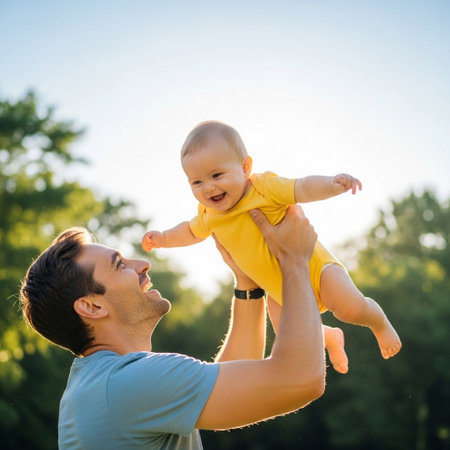 A loving father lifts his adorable, smiling baby high into the air against a bright, sunny sky and lush green natural background, capturing pure joy and bonding.の素材