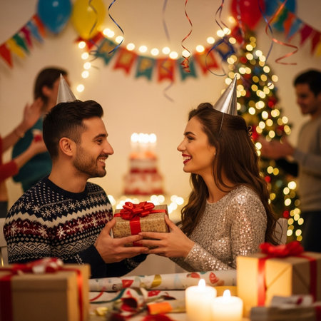 A smiling young couple celebrates a special occasion, exchanging a beautifully wrapped gift amidst a lively party atmosphere with friends, lights, and decorations.の素材