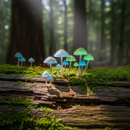 A cluster of vibrant blue and green glowing mushrooms covered in dewdrops, nestled on a moss-covered fallen log within a sunlit, mystical forest.の素材