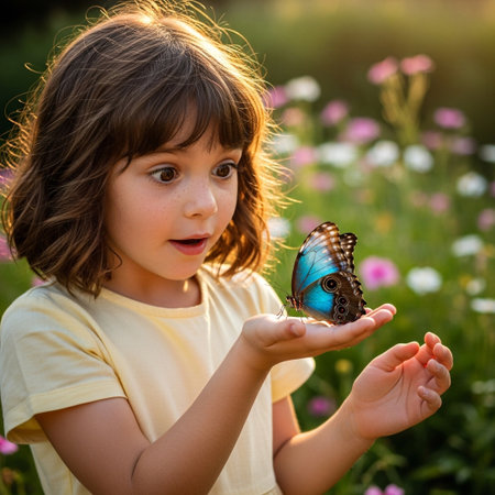 Adorable young girl with wide eyes and open mouth showing pure astonishment while a striking blue butterfly gently rests on her hand in a vibrant outdoor setting.の素材