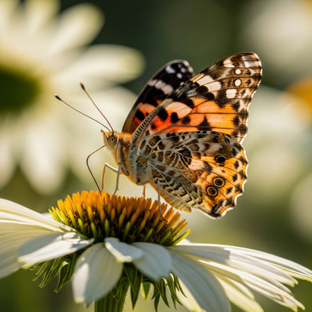 A painted lady butterfly rests on a white coneflower, showcasing intricate wing patterns and delicate antennae under soft sunlight. Perfect for nature, summer, and wildlife themes.の素材