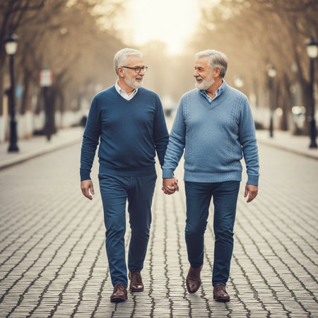 A loving senior gay couple enjoys a leisurely stroll, holding hands and smiling at each other on a charming cobblestone street, embracing companionship, and joy.の素材