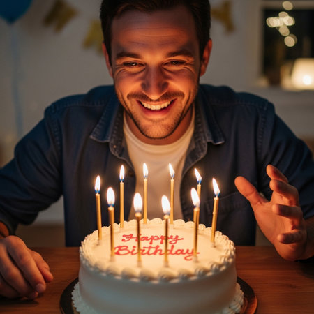 A happy young man with a wide smile looks at a birthday cake adorned with many lit candles. The warm glow illuminates his excited face during a special celebration.の素材