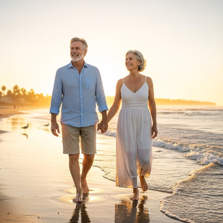 A happy senior couple walks barefoot along a beautiful beach, holding hands as the golden sun sets. They enjoy a peaceful, romantic moment together.の素材
