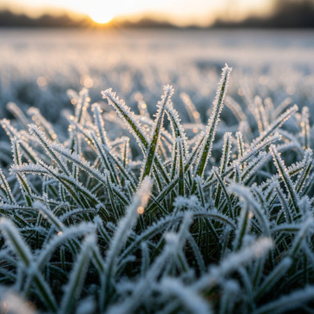 Close-up of green grass blades covered in delicate frost, sparkling under the golden light of the rising sun. A serene winter landscape perfect for seasons.の素材