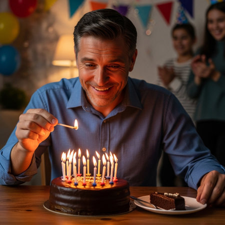 A joyful middle-aged man lights numerous candles on a rich chocolate birthday cake with a match, celebrating a special occasion with family nearby.の素材