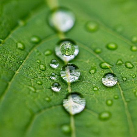 Close-up of sparkling water droplets clinging to the textured surface of a vibrant green leaf, showcasing natural beauty and purity after rain or morning dew. Refreshing.の素材