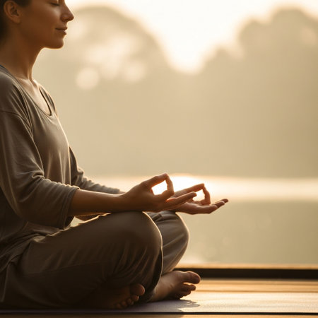 A serene young woman practices meditation outdoors on a yoga mat at sunrise, with hands in mudra. This activity promotes calm, mindfulness, and well-being, fostering inner peace.の素材